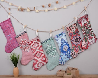 Rustic Christmas Stocking, Vintage Kilim Pattern Stocking, Handmade Stocking, Monogrammed Stocking, Boho Christmas Stocking, Family Stocking