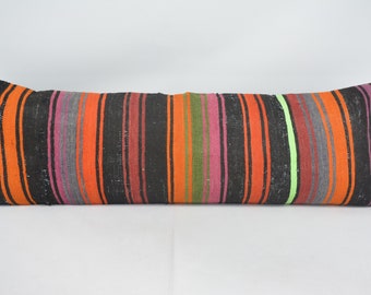 Personalized Gift, Throw Pillow Cover, Turkish Kilim Pillow, 16x48 Black Pillow Covers, Striped Cushion, Upcycled Throw Cushion Case, 48