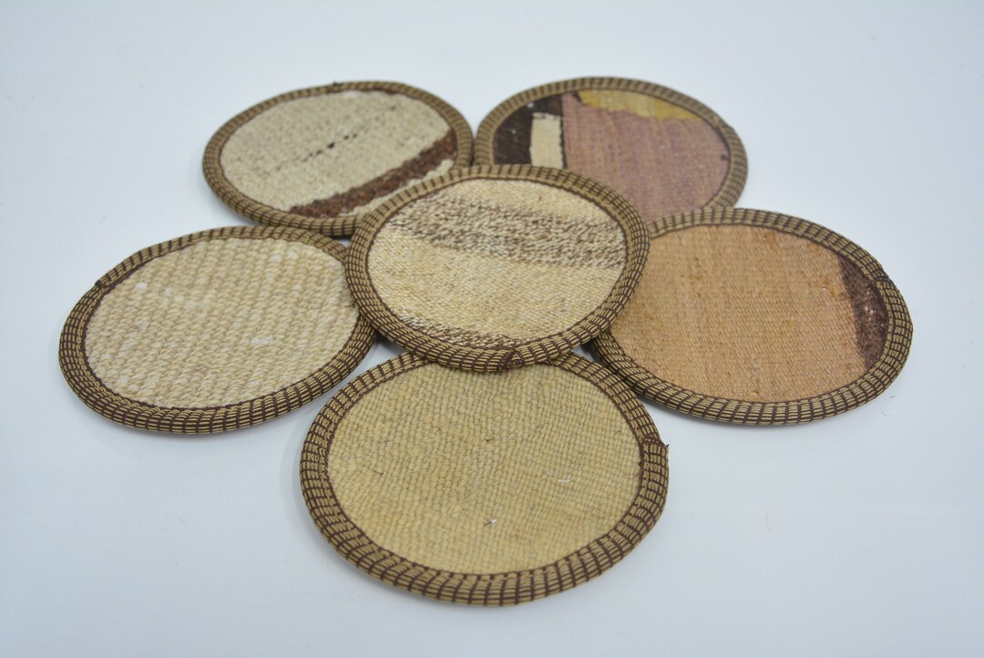 Round Rug Coasters Rug Coaster, Set of Six, Round Coaster, Beige Pad, Flat Pad, Washable ...
