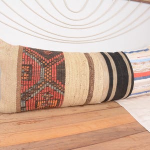 Decorative Lumbar Cushion,  Antique Pillows, 16x42 Pillow for Sofa, Vintage Kilim Pillow, Beige Pillow, Patchwork Pillow,