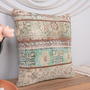 Interior Designer Pillow, Antique Pillows, 18x18 Pillow for Sofa, Kilim Cushion Sham, Beige Pillow Cover, Patchwork Pillow, Textured Pillow,