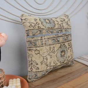 May include: A beige and blue patterned cushion with a zipper closure. The cushion is made from a soft, woven fabric and has a vintage look.