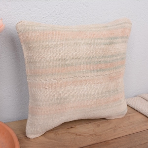Ethnical Kilim Rug Pillow, Pillow for Sofa, 12x12 Vintage Pillow, Kilim Pillow Cover, Beige Cushion Case, Ethnic Striped Kilim Pillow,