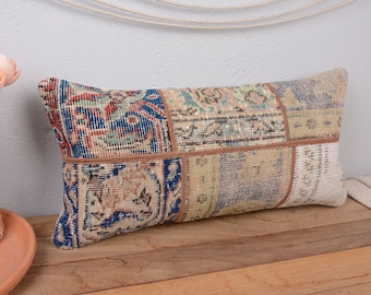 Almohada de regalo, almohada para sofá, almohada decorativa para el hogar de 12 x 24 pulgadas, almohada Kilim, cojín azul, almohada lumbar turca vintage, almohada de patchwork,