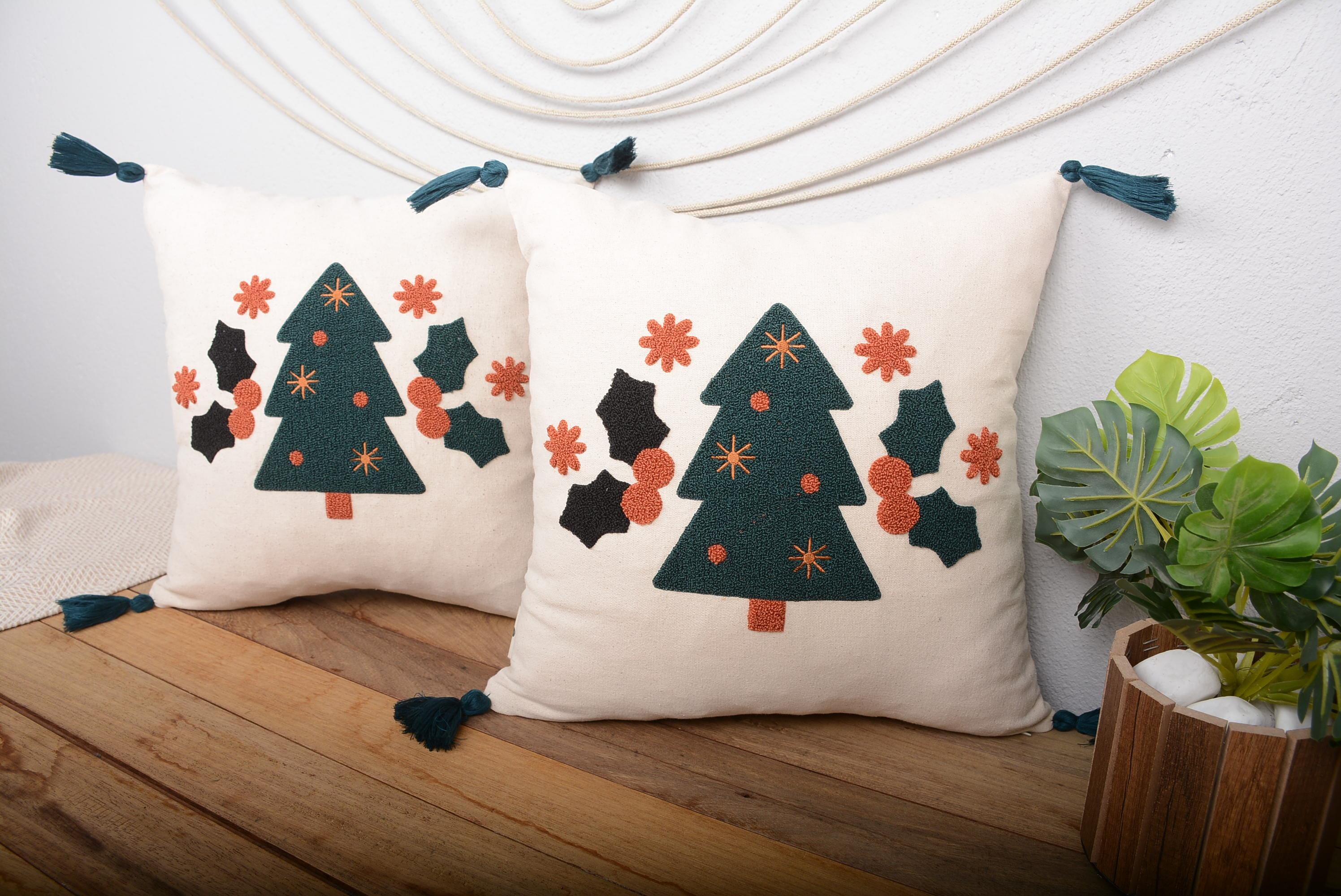 Christmas Tree Pillow Cover 16x16 – Embroidered Holiday Cushion with Green  Tassels