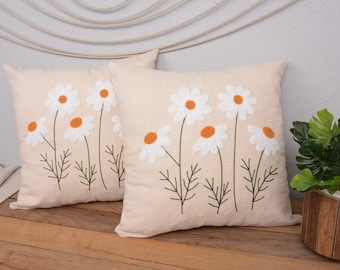 Daisy Flower Punch Embroidered Pillow Cover, Cotton Linen Decorative Throw Pillow, Spring Home Decor, Handmade Floral Cushion