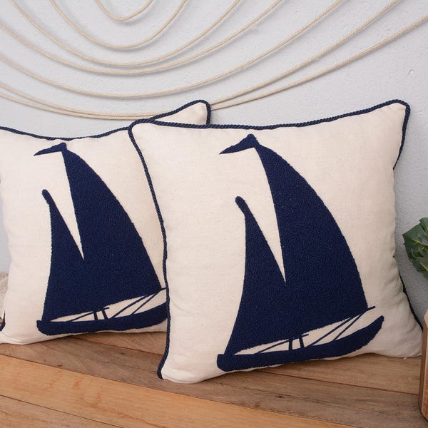 16x16 Navy Sailboat Pillow Cover, Nautical Cushion 40x40 cm, Coastal Handmade Throw Pillow, Beach House Decor