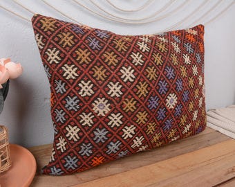 Turkish Pillow, Ethnical Kilim Rug Pillow, 20x28 Kilim Cushion Sham, Boho Pillow Sham Cover, Red Pillow Cover, Ethnic Kilim Lumbar Pillow,