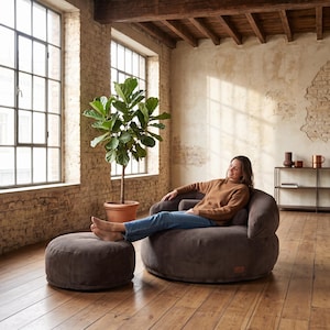 Brown Corduroy Lounge Chair with Pouf, Extra Large Comfy Armchair, Padded Relaxation Chair, Casual Living Room Seating
