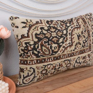 Boho Pillow Sham Cover, Ethnical Kilim Rug Pillow, 16x24 Pillow for Couch, Kilim Pillow Cover, Beige Cushion, Striped Lumbar  Pillow,