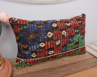 Ethnical Kilim Rug Pillow, Antique Pillows, 12x20 Vintage Kilim Throw Pillow, Kilim Pillow Cover, Red Pillow, Boho Rectangular  Pillow,