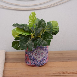 Peut inclure: Une plante en pot avec de grandes feuilles vertes et un pot à motifs. Le pot présente un motif aux couleurs rouge, bleu et blanc. La plante est posée sur une surface en bois.