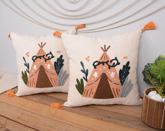 Teepee Tent Kids Pillow 16x16, Embroidered Camping Cushion Cover, Boho Nursery Decor, Handmade Cotton Linen Throw Pillow