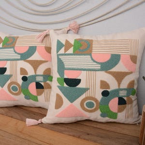 Geometric Embroidered Pillow Cover 16x16, Punch Needle Modern Cushion with Tassels, Abstract Boho Decorative Pillow