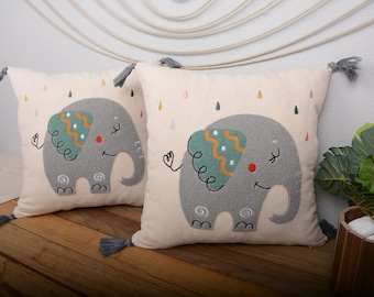 Elephant Pillow Cover 16x16 – Embroidered Nursery Cushion with Gray Tassels