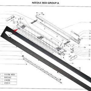 May include: Diagram of a sewing machine needle bed group A, showing the parts and their corresponding numbers. The diagram includes the needle bed, the needle bar, and the feed dog. The diagram also includes a table with the part numbers and the corresponding machine brands: Silver Reed, Empisal, Singer, and Studio.