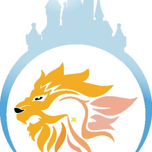 K&ouml;nnte beinhalten: Eine stilisierte Illustration eines L&ouml;wenkopfes mit einer blauen Schlosssilhouette dar&uuml;ber. Die L&ouml;wenm&auml;hne ist orange und gelb, und das Schloss ist hellblau. Der Text "LIONRHK" ist in Gr&uuml;n unter dem Bild geschrieben.