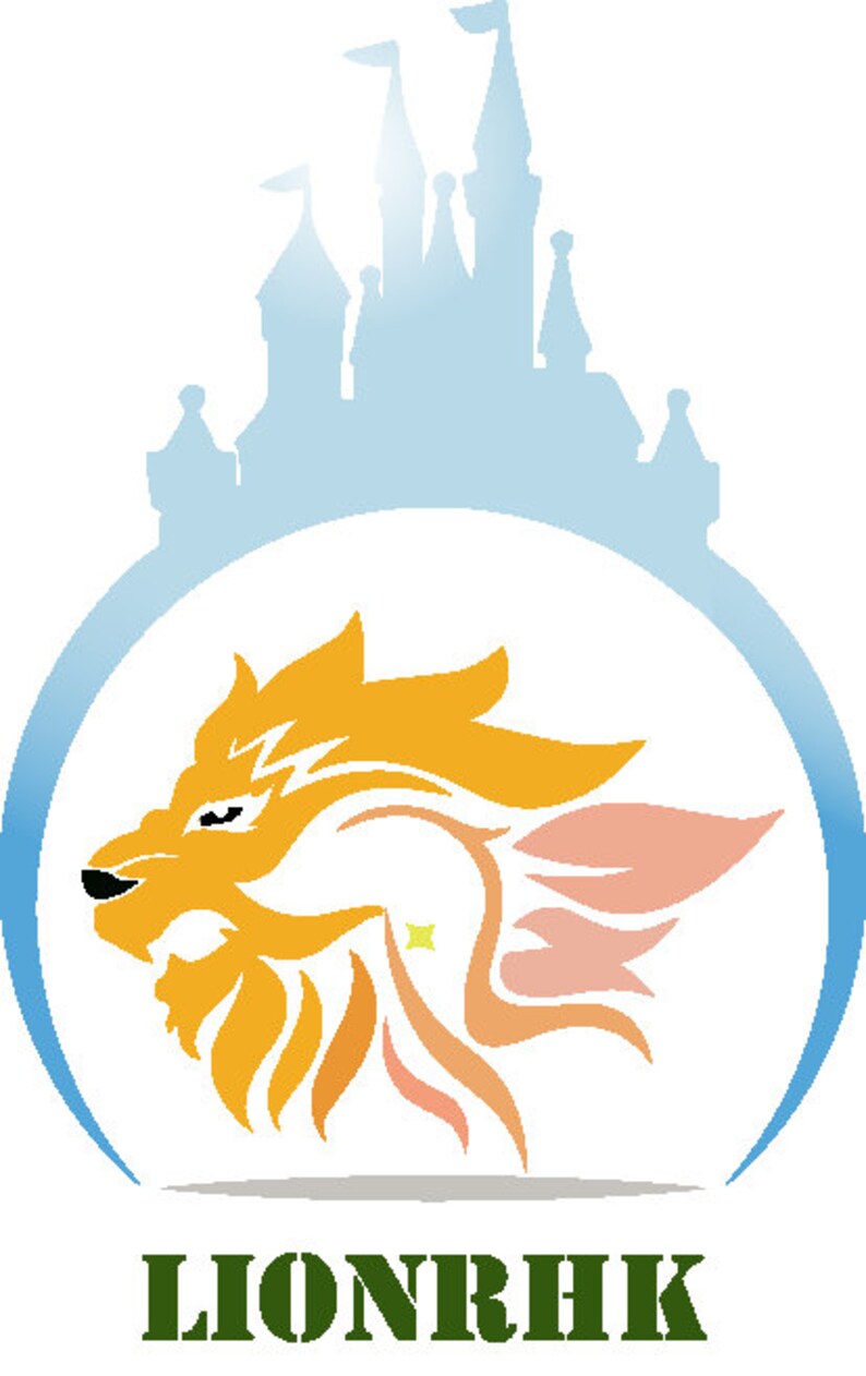 K&ouml;nnte beinhalten: Eine stilisierte Illustration eines L&ouml;wenkopfes mit einer blauen Schlosssilhouette dar&uuml;ber. Die L&ouml;wenm&auml;hne ist orange und gelb, und das Schloss ist hellblau. Der Text "LIONRHK" ist in Gr&uuml;n unter dem Bild geschrieben.