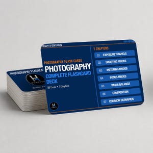 May include: A stack of photography flashcards with a blue and white design. The cards are labeled "Photography Complete Flashcard Deck" and list 7 chapters, including exposure triangle and shooting modes. The brand name "Huggyyx Education" is visible.
