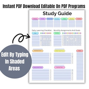 May include: A printable study guide with sections for daily and monthly assignments, checklists, and notes. The guide includes text that says "Instant PDF Download Editable On PDF Programs" and "Edit By Typing In Shaded Areas".