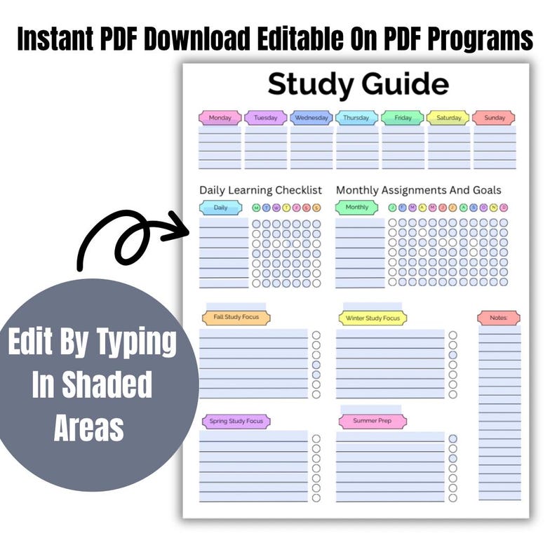 May include: A printable study guide with sections for daily and monthly assignments, checklists, and notes. The guide includes text that says "Instant PDF Download Editable On PDF Programs" and "Edit By Typing In Shaded Areas".