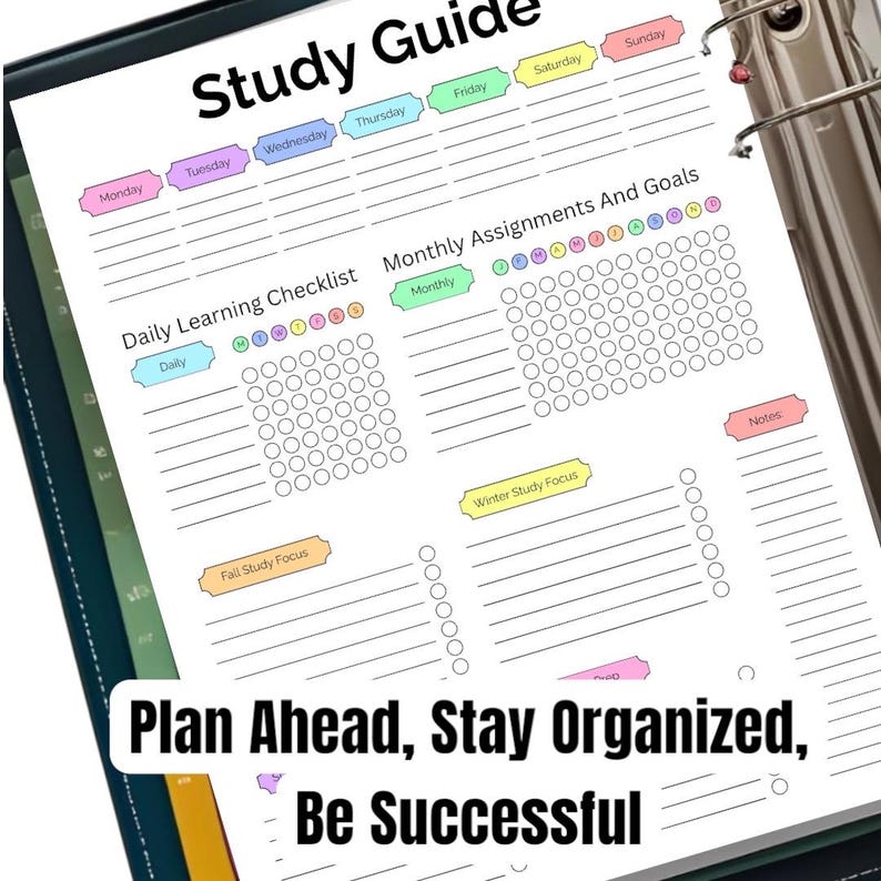 May include: A study guide planner with the title "Study Guide" at the top. The planner includes sections for daily learning checklists, monthly assignments, and goals. The text "Plan Ahead, Stay Organized, Be Successful" is at the bottom.