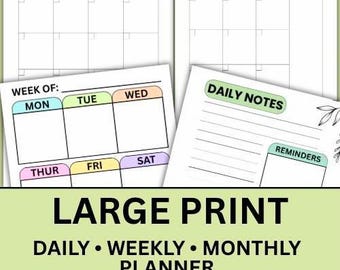May include: A planner with a green banner that reads "LARGE PRINT DAILY • WEEKLY • MONTHLY PLANNER." The planner pages include sections for daily notes, reminders, and weekly and monthly calendars. The calendar sections have color-coded labels for each day of the week.