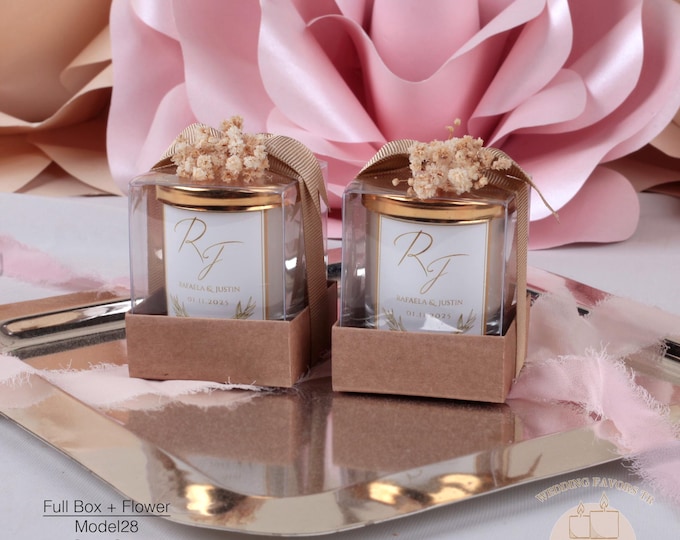 Bulk Personalized Name Gold Lid Candle, Custom Wedding Candle, Wedding Favors for Guests, Ribbon Bridesmaid Candle, Wedding Shower Favors