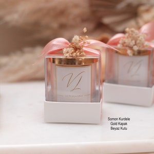 Personalized Gold Lid Wedding Favor Candle: Ribbon & Boxed Vanilla Scent