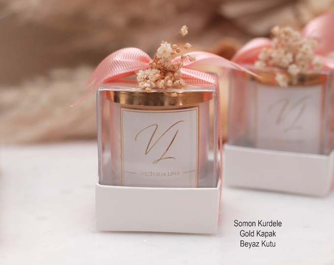 Personalized  Name Gold Lid Candle, Custom Wedding Candle, Wedding Favors for Guests, Ribbon Bridesmaid Candle, Wedding Shower Favors