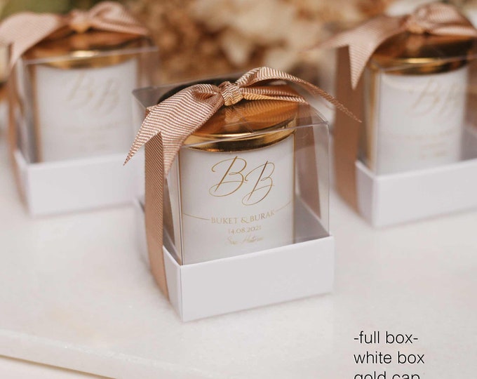 Personalized  Name Gold Lid Candle, Custom Wedding Candle, Wedding Favors for Guests, Ribbon Bridesmaid Candle, Wedding Shower Favors
