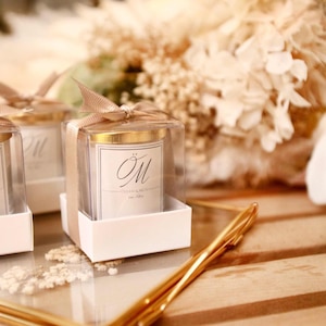 Custom Monogram Gold Lid Candle, Personalized Wedding Candle, Wedding Favors for Guests, Ribbon Bridesmaid Candle, Luxury Wedding Candle