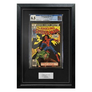 Op de afbeelding: Ingelijst stripboek met Spider-Man in een dynamische actiepose. De cover toont Spider-Man in een rood en blauw pak, vechtend tegen een schurk. De strip is beoordeeld met 6,5 en zit in een beschermende houder, in een zwart frame.