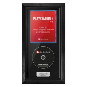 May include: Black framed display featuring a red PlayStation 5 game case and a game disc. The top section has the text "PLAYSTATION 5" and "USE YOUR OWN GAME". The bottom section has the text "YOUR GAME DISC GOES HERE".