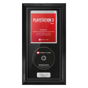 May include: Black framed display for a PlayStation 3 game and disc. The top section features a red and white insert with the text "PLAYSTATION 3 USE YOUR OWN GAME". The bottom section has a disc and a space for a custom plaque.