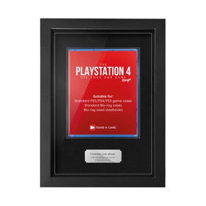 May include: A black framed display featuring a red and white PlayStation 4 game case. The text on the case reads "PLAYSTATION 4" and "USE YOUR OWN GAME". The frame is suitable for standard game cases and Blu-ray sized steelbooks.
