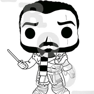 Pode incluir: Ilustração de arte de linha em preto e branco de uma figura da cultura pop de Jon Snow da série de televisão Game of Thrones. A figura segura uma espada e usa um manto forrado de pele. O texto "You know nothing Jon Snow" está escrito acima da figura.