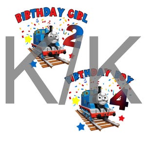 May include: A graphic featuring two blue train engines on tracks, with the text "BIRTHDAY GIRL 2" and "BIRTHDAY BOY 4". Confetti and star accents surround the trains, set against a white background.