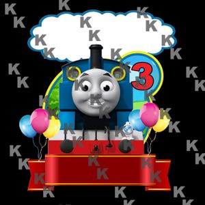 May include: A blue and red cartoon train engine with a smiling face, a white cloud with a blank space, and a red banner with a gold border. The train engine has the number 3 on the side. There are balloons in the background.