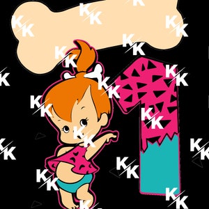 Könnte beinhalten: Eine Cartoon-Illustration eines Mädchens mit orangefarbenem Haar, das ein rosa-blaues Outfit trägt und neben einer großen rosa-blauen Zahl eins steht. Die Zahl eins hat ein Muster aus schwarzen Dreiecken. Das Mädchen hält einen Knochen in der Hand.
