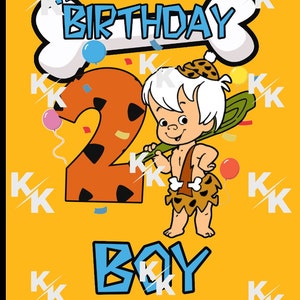 May include: A yellow birthday card with a cartoon image of a boy dressed as a caveman holding a number 2 balloon. The card says "The Birthday Boy" and has a bone-shaped banner with the word "Birthday" on it.