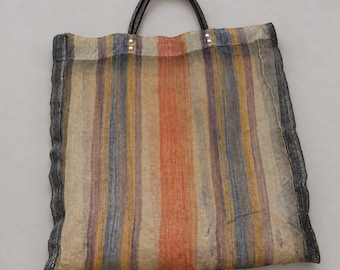 1970s USSR Striped Mesh Grocery Bag, Vintage Soviet Market Tote with Black Handle