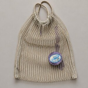 Vintage Soviet String Shopping Bag, USSR Avoska Mesh Grocery Tote with Car Patch, 1970s