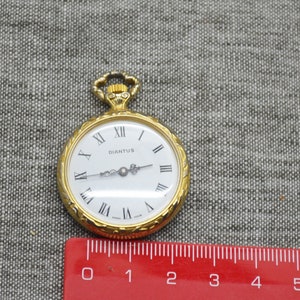 Peut inclure: Une montre de poche dor&eacute;e avec un cadran blanc et des chiffres romains noirs. Le cadran de la montre indique "DIANTUS" et "Swiss Made". La montre mesure environ 5 cm de diam&egrave;tre.