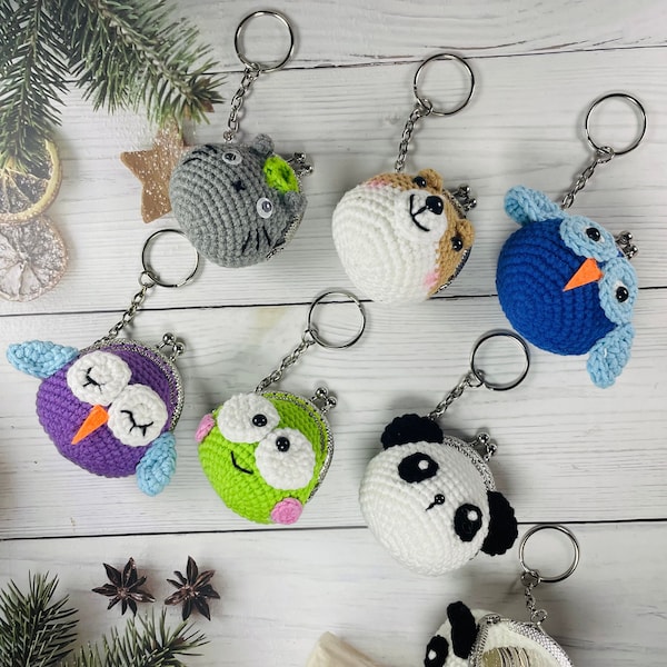Animals Crochet Coin Purse, FINISHED, NOT Pattern, Knitted Dog/Panda/Chinchilla/Frog/Owl Coin Bag, kiss lock purse, Cute Gift, Bag Charms