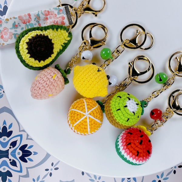 Fruit Lemon/ Avocado/ Orange/ Watermelon/ Kiwi Crochet Keychain, FINISHED, NOT Pattern, Knitted Key Chain, Cellphone Charms, Bag Charms