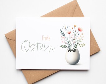 Easter card Happy Easter, watercolor flowers in eggshell, greeting card including envelope made of kraft paper, postcard Easter