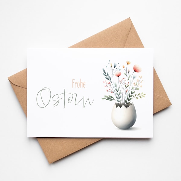 Osterkarte Frohe Ostern, Aquarell Blumen in Eierschale, Grußkarte inkl. Umschlag aus Kraftpapier, Postkarte Ostern