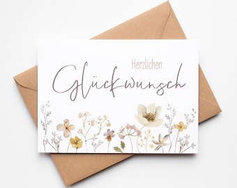 Congratulations card, greeting card including kraft paper envelope, postcard with watercolor flowers