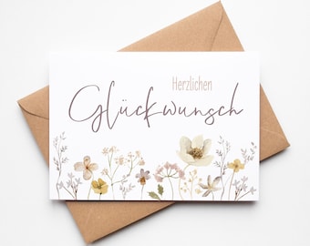 Karte Herzlichen Glückwunsch, Grußkarte inkl. Umschlag aus Kraftpapier, Postkarte mit Aquarellblumen